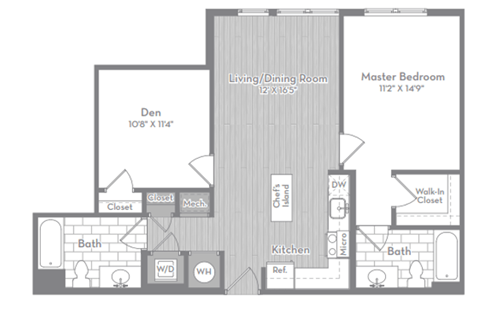 Floor plan for 2 beds, 2 baths, 924 sqft